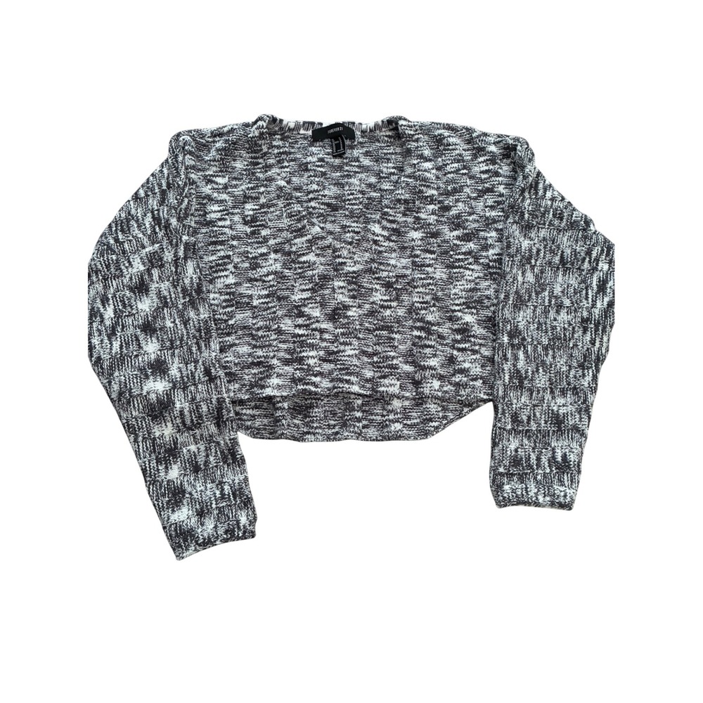 Forever 21 Black White Space Dye Marl Cropped V-Neck Sweater Size M